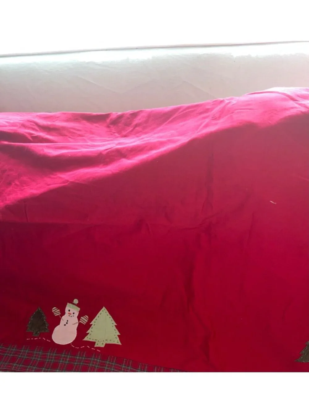 Pottery Barn Kids Red Christmas Tablecloth Snowman Tree Plaid Border Holiday